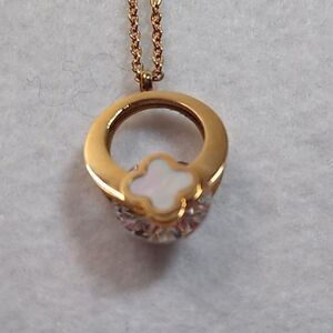 Rose Gold 14K Mother of Pearl Clover LG Crystal Between Two Circles Pendant